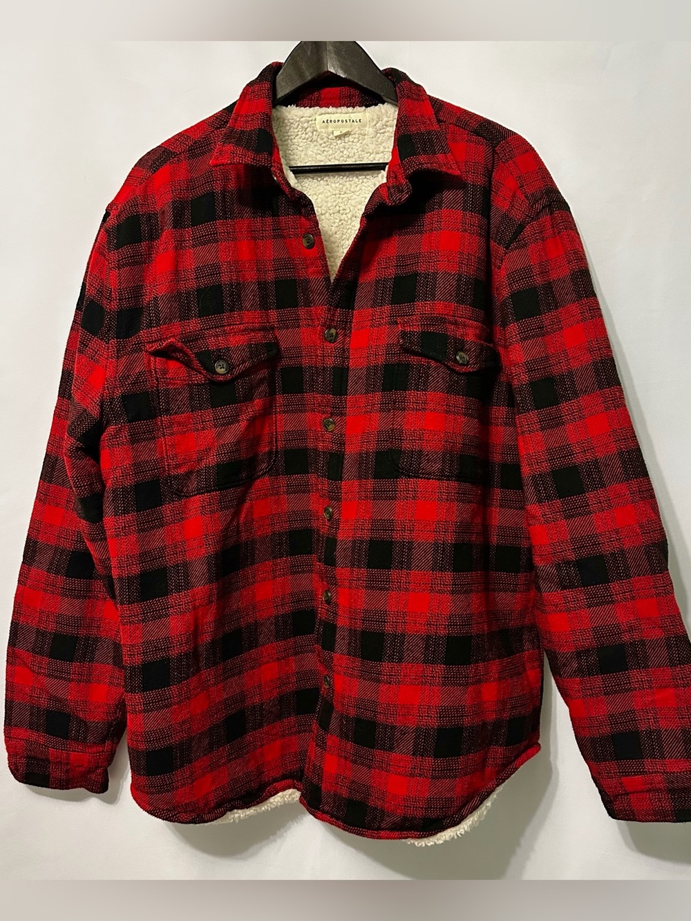 Aeropostale Red Black Buffalo Plaid Jacket Shacket Men XL Faux Sherpa Barn Chore